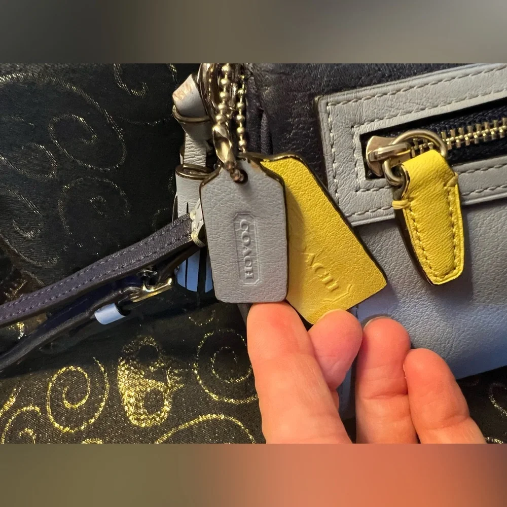 Coach Navy and Light Blue Leather Wristlet with Yellow Accent